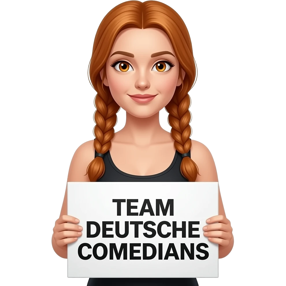 sexy girl with long ginger braids and ginger eyes wearing a black tanktop is holding a white sign with TEAM DEUTSCHE COMEDIANS written on it emoji