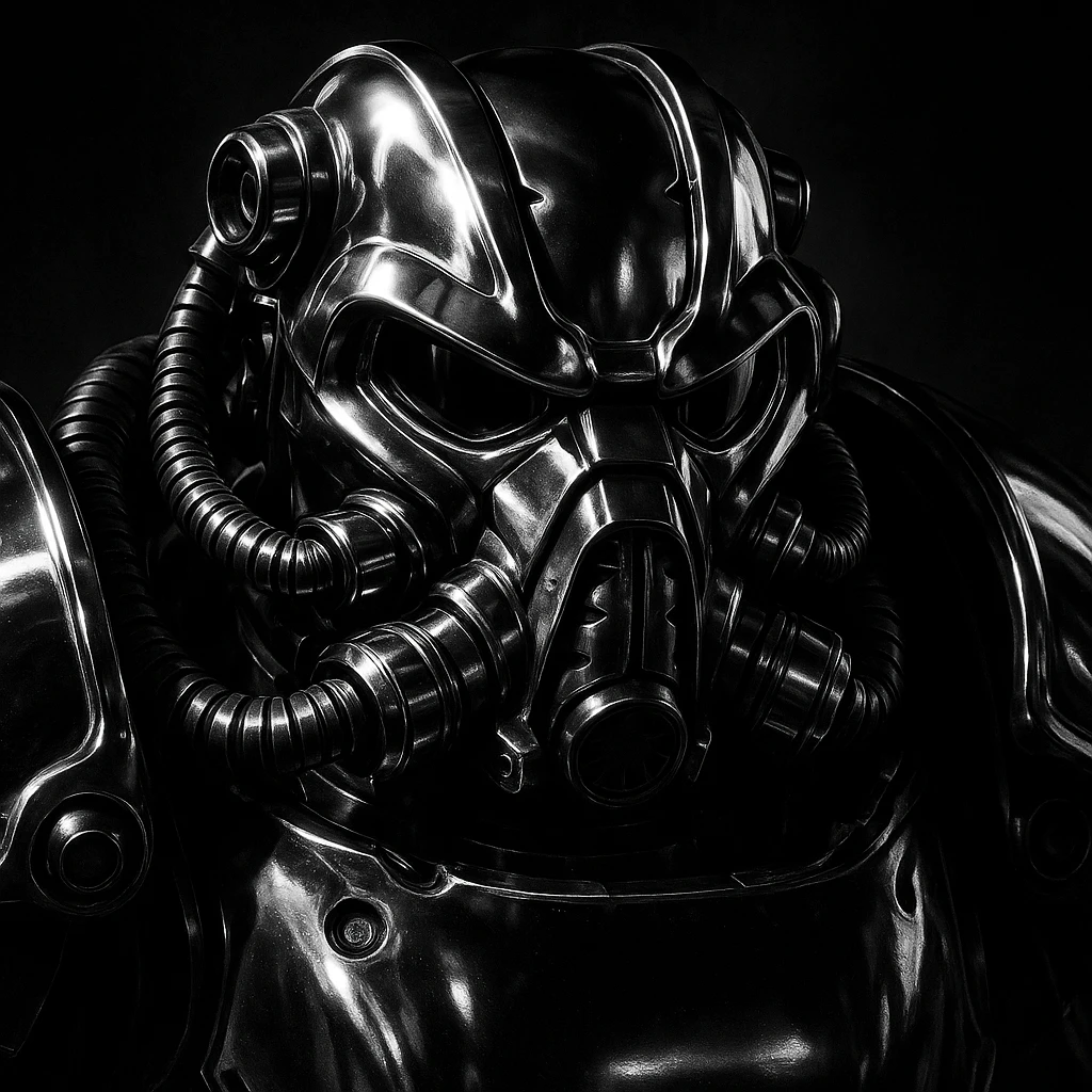 X-01 power armor, close-up helmet, shiny chrome, sci-fi, bold shadows emoji