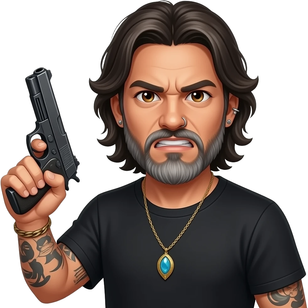 The handsome manly Latino podcast host with medium length hair, a long slightly graying beard and tattoos with his ears pierced 1 time each ear and a nose ring on the right side, dark brown eyes, jewelry, holding a pistol, angry AF emoji