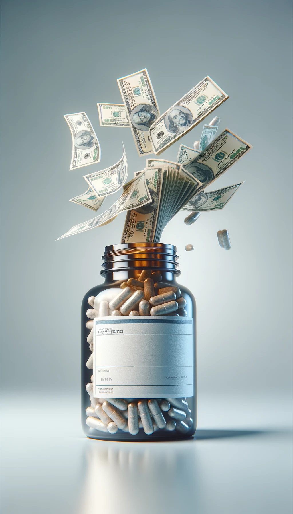boccetta di integratore fluttua in aria, dalla boccetta aperta escono delle banconote, sfondo neutro chiaro, iperrealistico 4k emoji