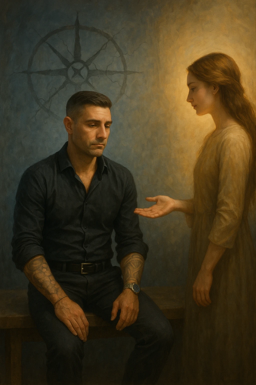 Uomo tra i 35 e i 45 anni seduto su una panchina o in una stanza tranquilla, sguardo rilassato ma spento, come sollevato nel mentale ma svuotato nello spirito. Davanti a lui una donna lo guarda con dolcezza, mano tesa come per offrire una soluzione. L’ambiente attorno all’uomo è grigio-bluastro, con la sua aura maschile che si dissolve leggermente, mentre intorno alla donna una luce calda e stabile. Sullo sfondo, un simbolo spezzato di bussola o direzione, a indicare la perdita di leadership interiore. Atmosfera riflessiva, stile realistico con simbolismi delicati emoji