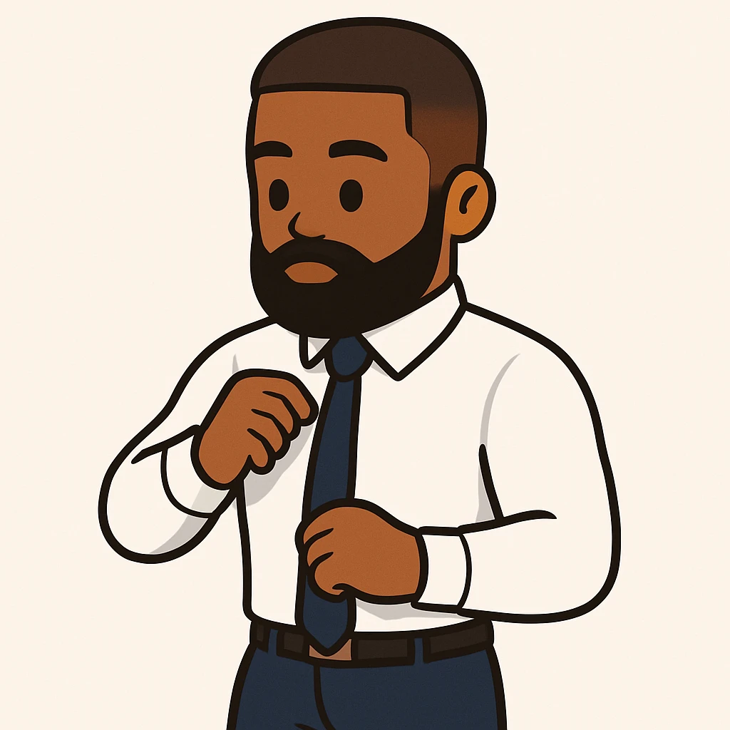 Create a simple emoji-style illustration of a well-dressed man with a beard and tie, focusing on his confident pose and formal attire. Remove the background and any text. The style should be clean and minimal, typical of emoji illustrations. emoji