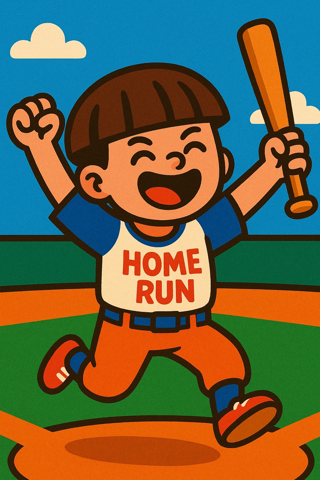 A bowl cut boy celebrating after hitting a home run in baseball, arms raised, bat in hand, joyful expression, vibrant cartoon style emoji