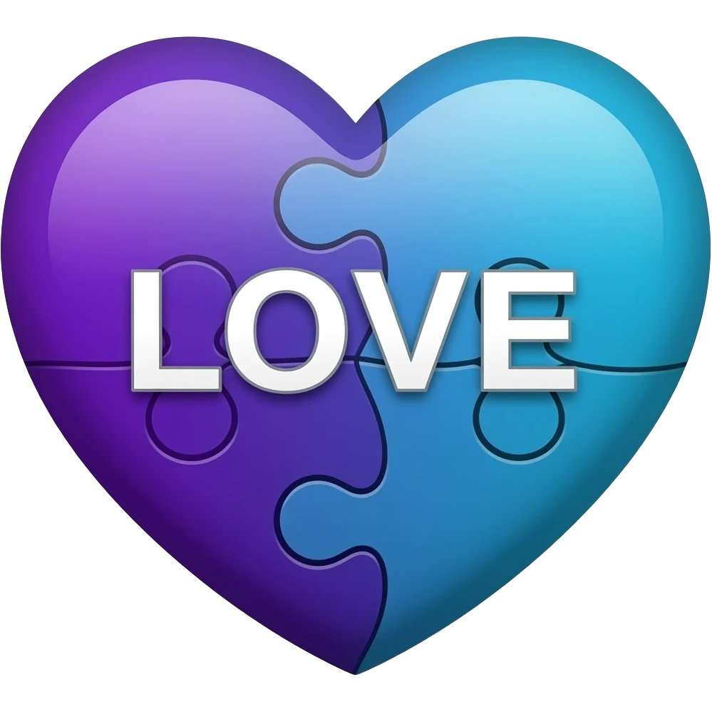 Half dark purple  half blue heart puzzle piece with the word "LOVE" emoji
