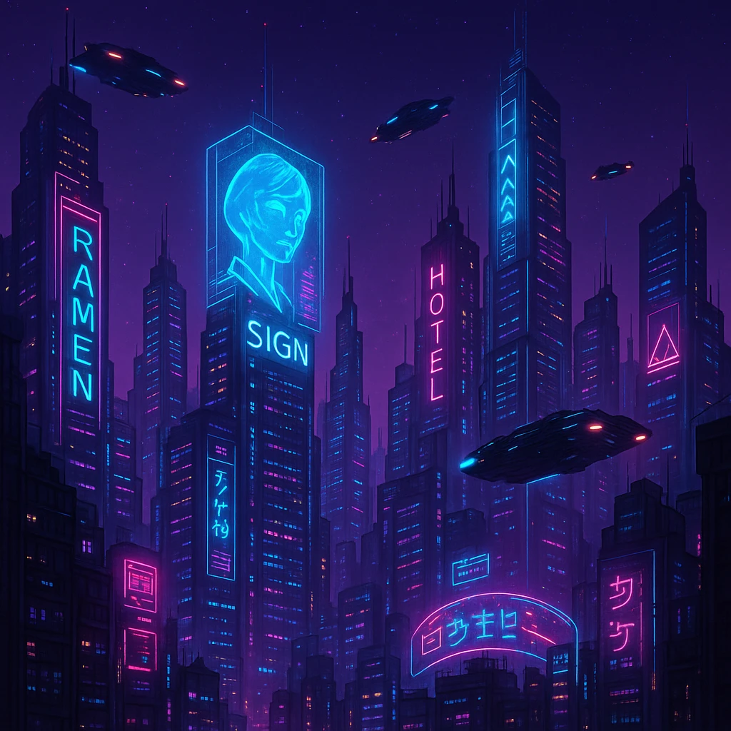 futuristic city skyline with neon lights, cyberpunk style emoji