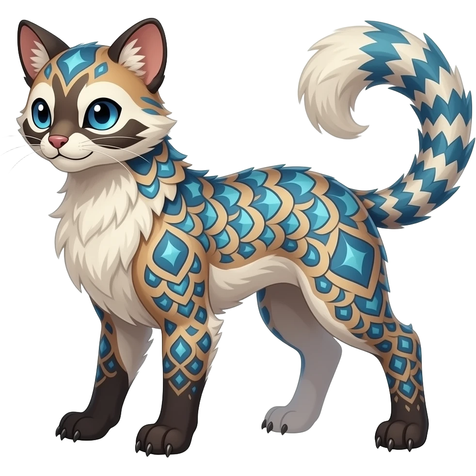 unique-patterned damask finned stylish aesthetic quadrupedal fuzzy fury scaly feral fantasy-Civet-Luxray-Corsola-Amaura-Aurorus-Primarina-Vaporeon-Milotic-Furret-Fakémon-fusion-hybrid-creature emoji