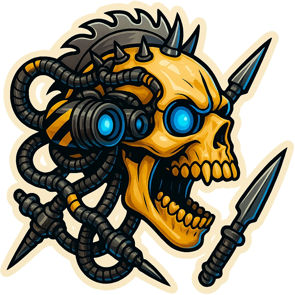 guns. try different melee weapons. put punk spikes on some surfaces. use other colors for the eyes like blue. the skull is screaming. . the skull should stay bone. make the jaw open extremely wide. wider than reality. profile view. 3/4 view. rear views. add some black and yellow warning stripes in sections. rear views! profile views! Mohawk made from a circular saw blade emoji