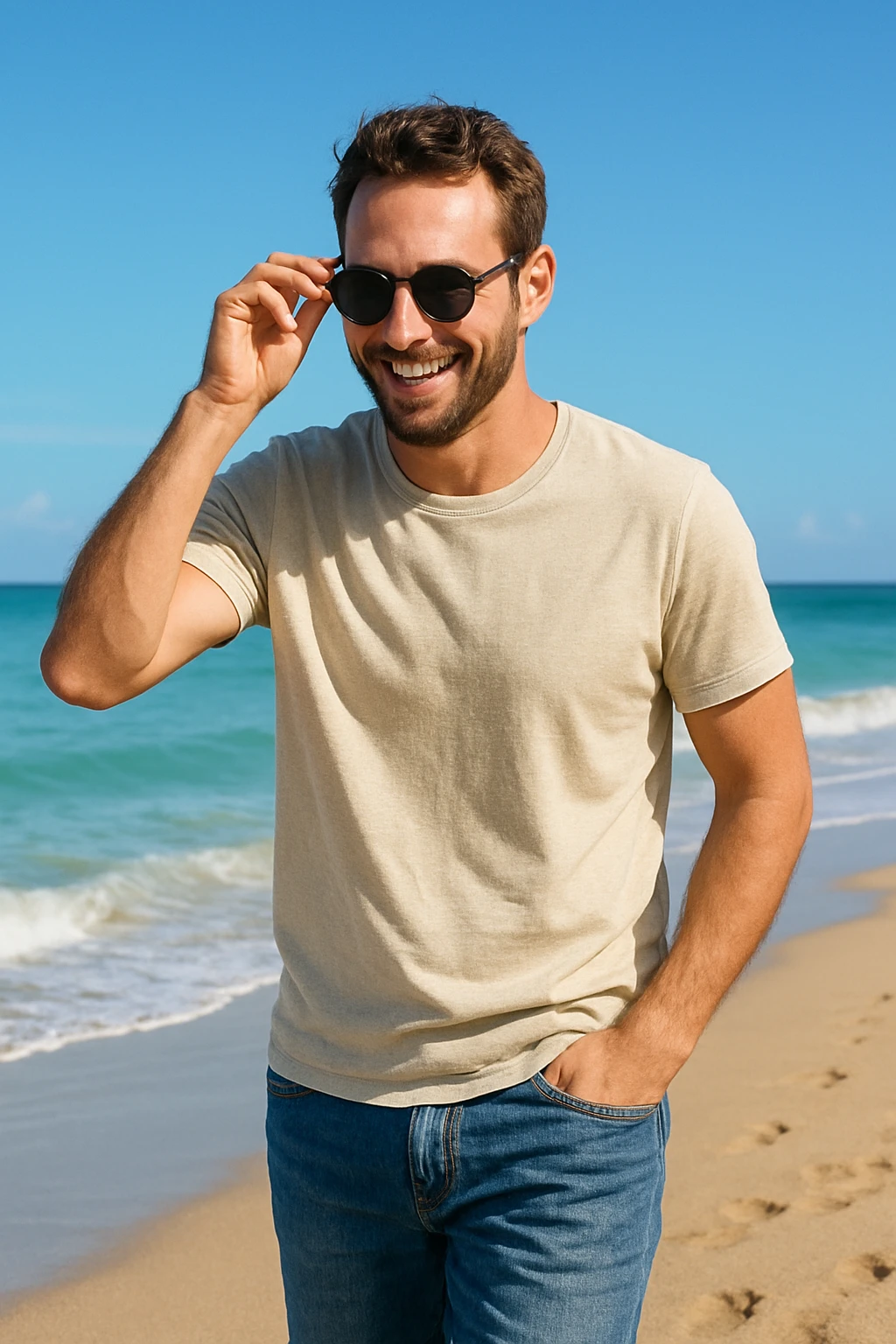 uomo passeggia a mare e si mette gli occhiali da sole emoji