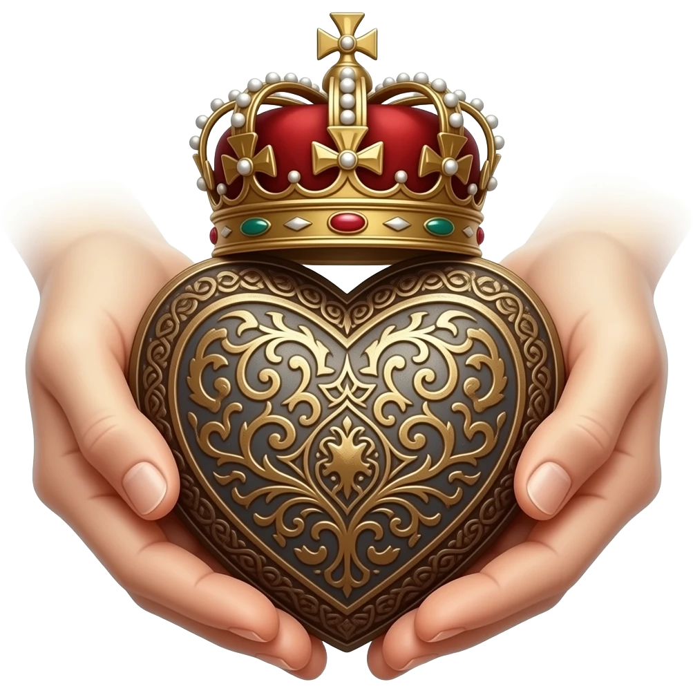 two elegant  hands touch with their fingers (fingers are facing down and palms are facing up)  a rusty heart richly ornamented with arabesques with a richly decorated royal crown, dramatic lighting - backlight emoji
