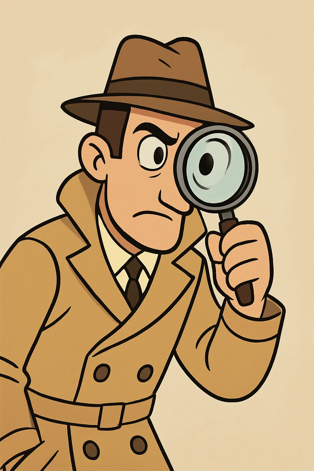 a detective in a trench coat, holding a magnifying glass up to one eye, classic sleuth look, cartoon style emoji