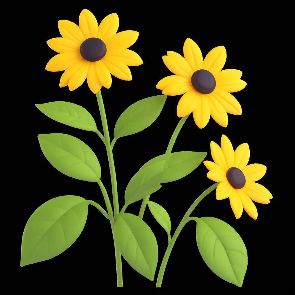 bright yellow rudbeckia flower with voluminous petals and green leaves, 3D iOS style emoji