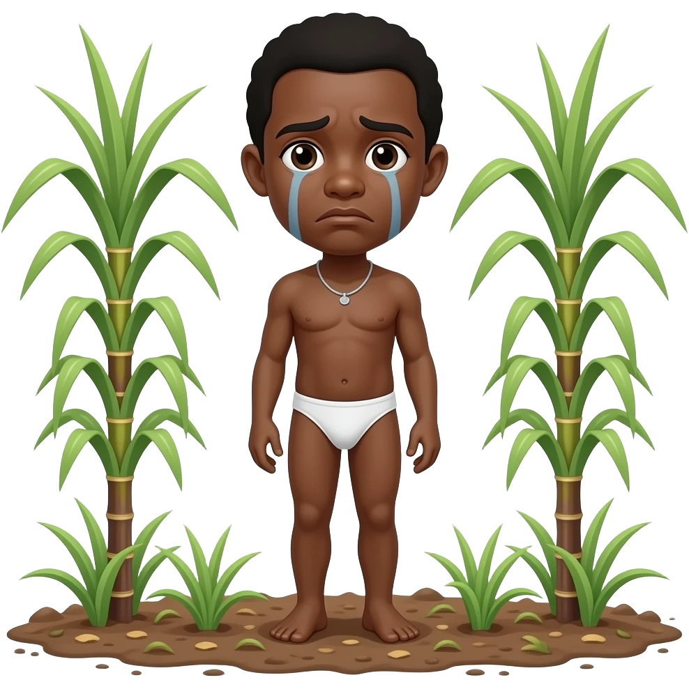 black slave with sad face but not crying standing wearing only a white bottom cultivating sugar cane emoji