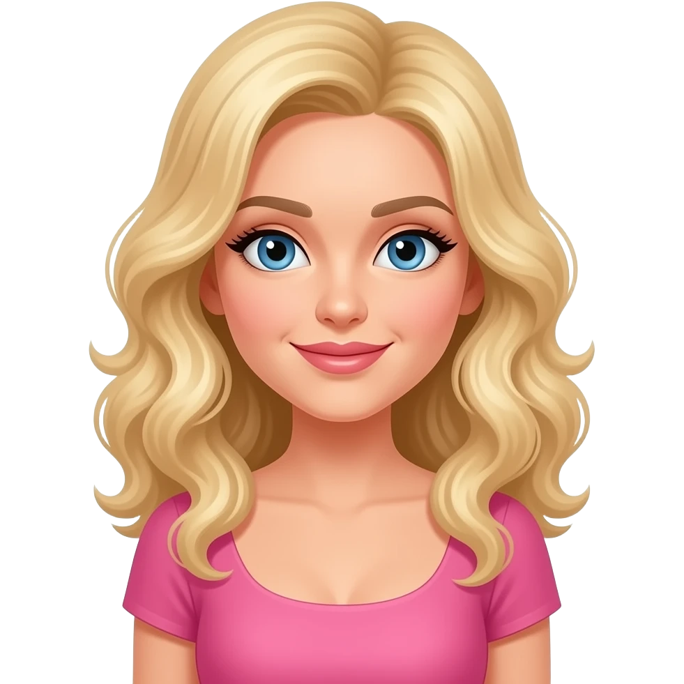 A blond hair blue eyes emoji that is her in a pink dress with curled hair. emoji