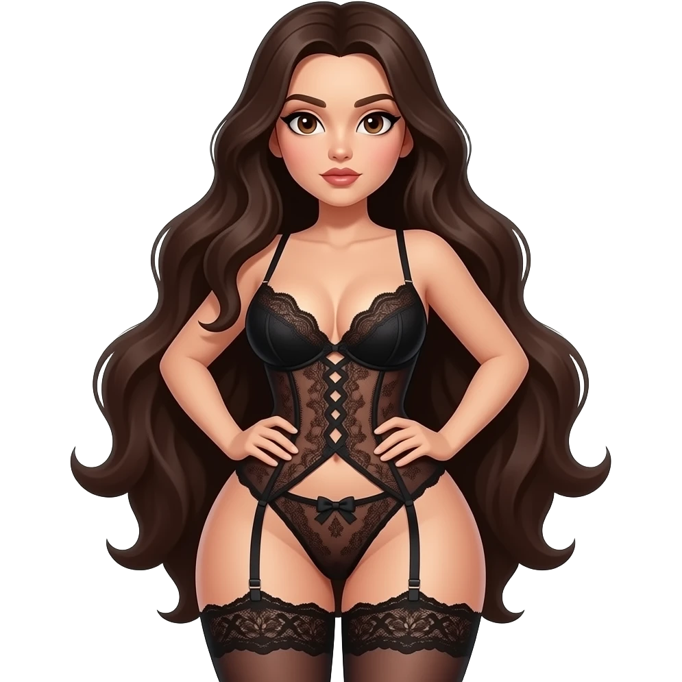 sexy, long hair, wearing lingerie, dark brown eyes and hair, big butt and slight big boobs and sexy figure freaky post emoji