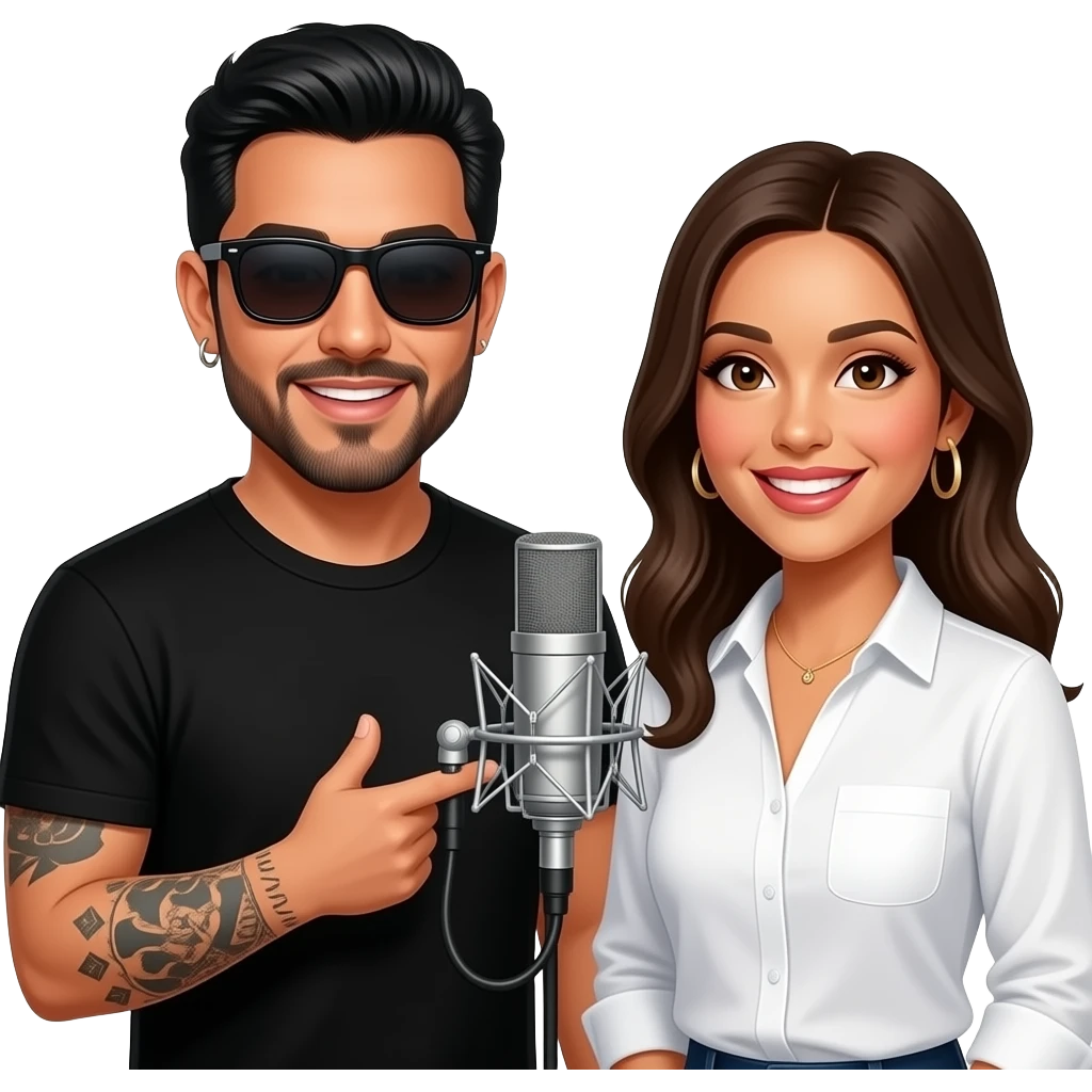 A podcast host, a handsome Latino man with medium hair, a graying beard, tattoos, hoops in his nose and ear, all in black with sunglasses, interviews a woman in front of a microphone with a logo reading "As I Am." emoji