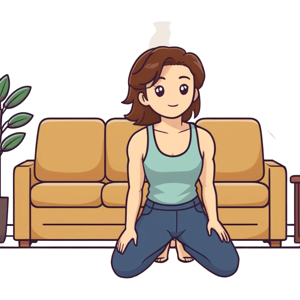 One Caucasian woman with brown hair big boobs wearing pants and a tank top, kneeling on the ground next to a couch with a bald man sitting on it.  emoji
