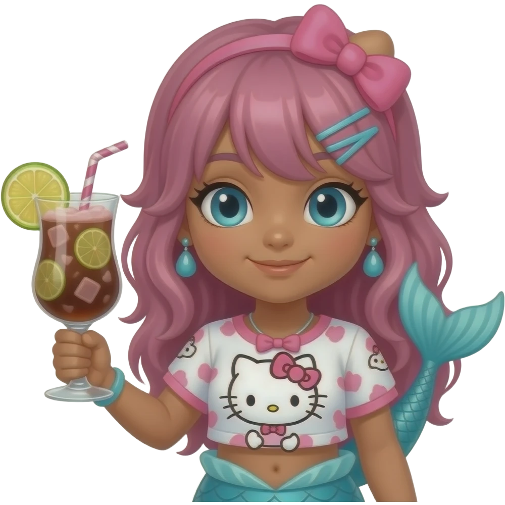 Tanned human girl hello kitty the Sanrio character themed brown and pink colored cocktail in gyaru merely mermaid emoji