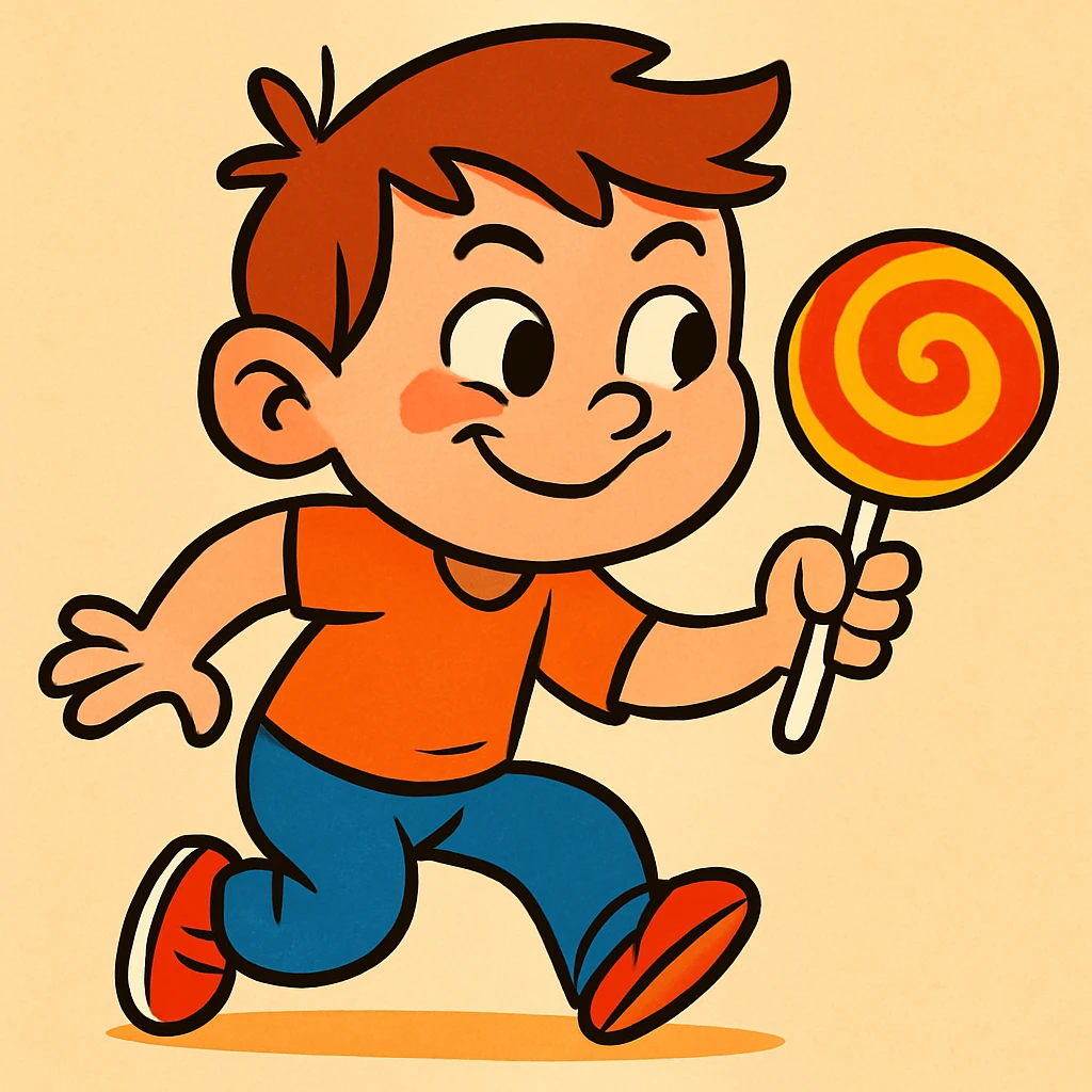 a little kid sneaking a lollipop, playful, cartoon style, vibrant colors, fun and expressive emoji