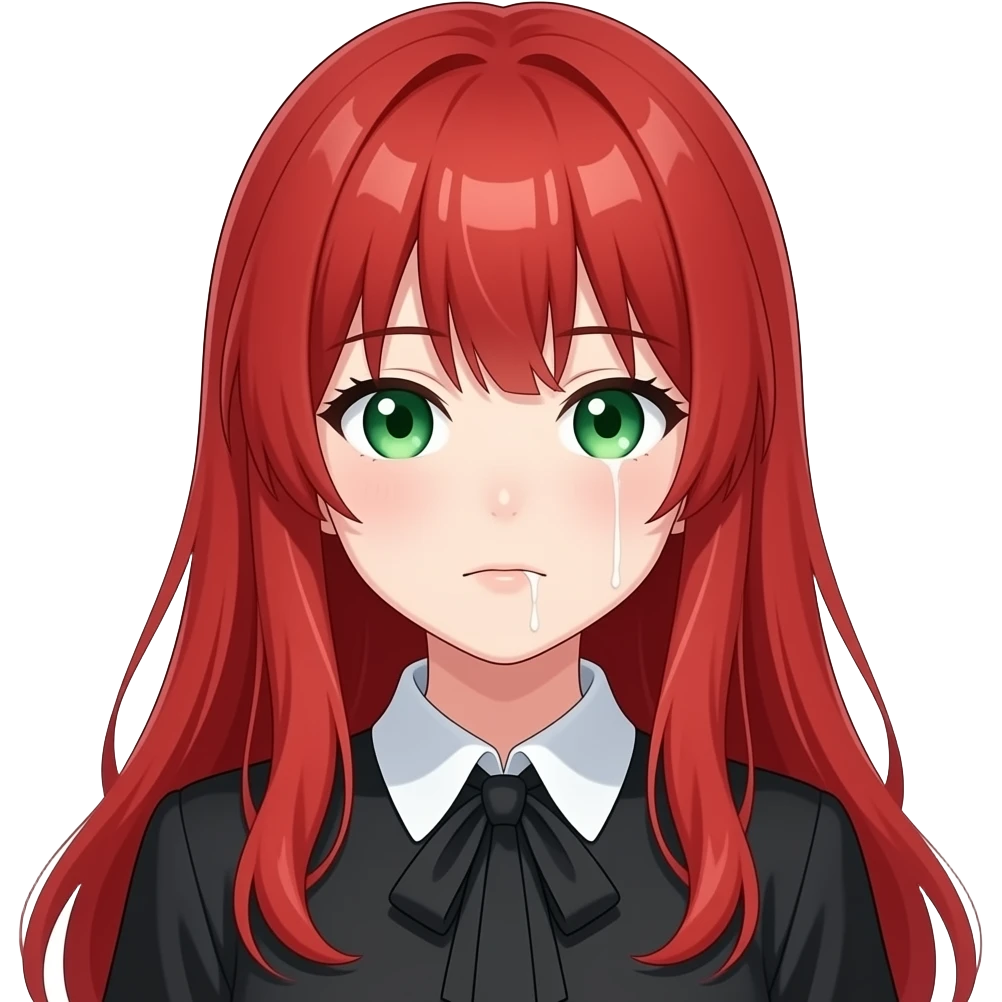 anime girl drool long red hair green eyes black blouse with white collar emoji