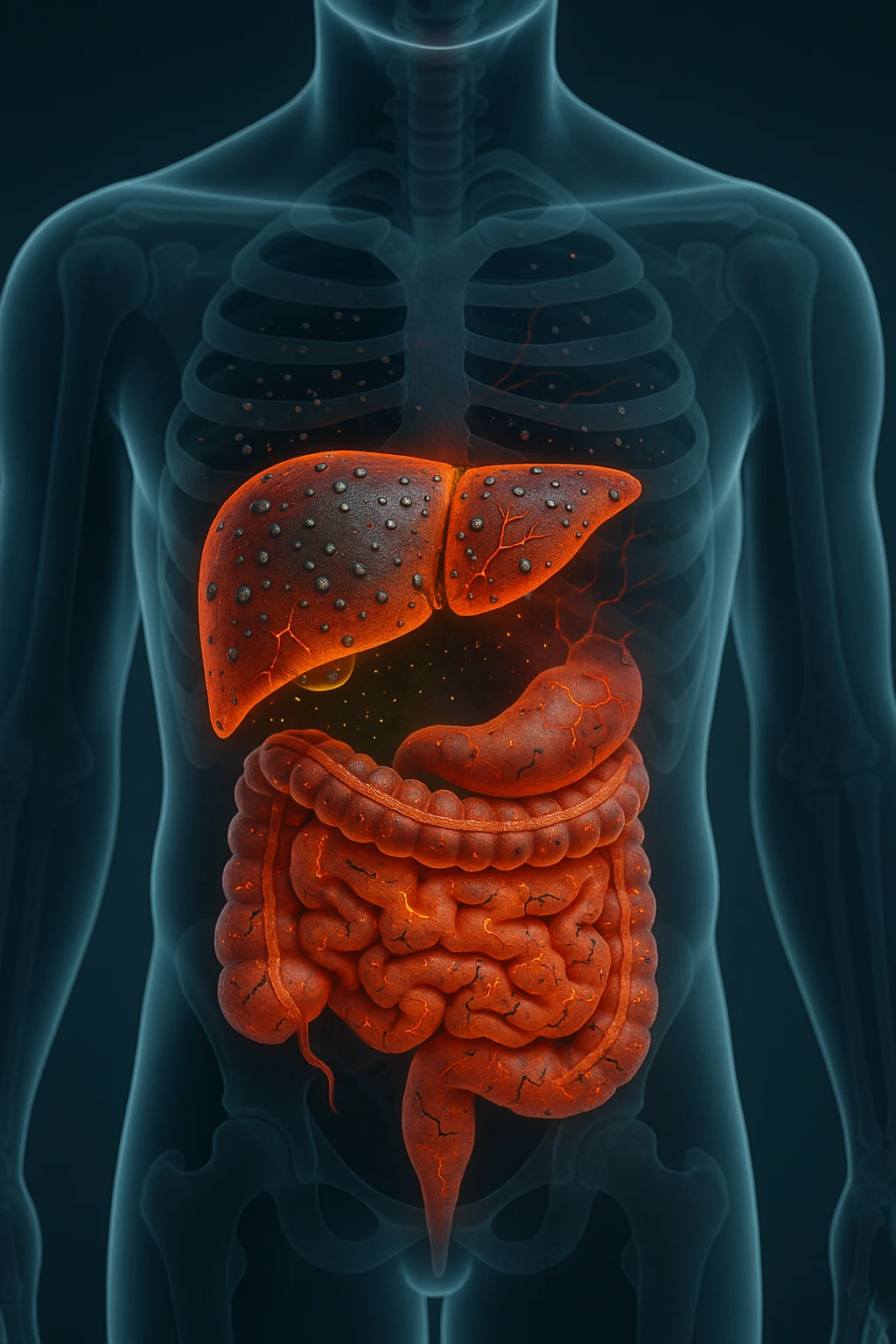 fegato e intestino intossicato da metalli pesanti su un corpo umano in 3D emoji