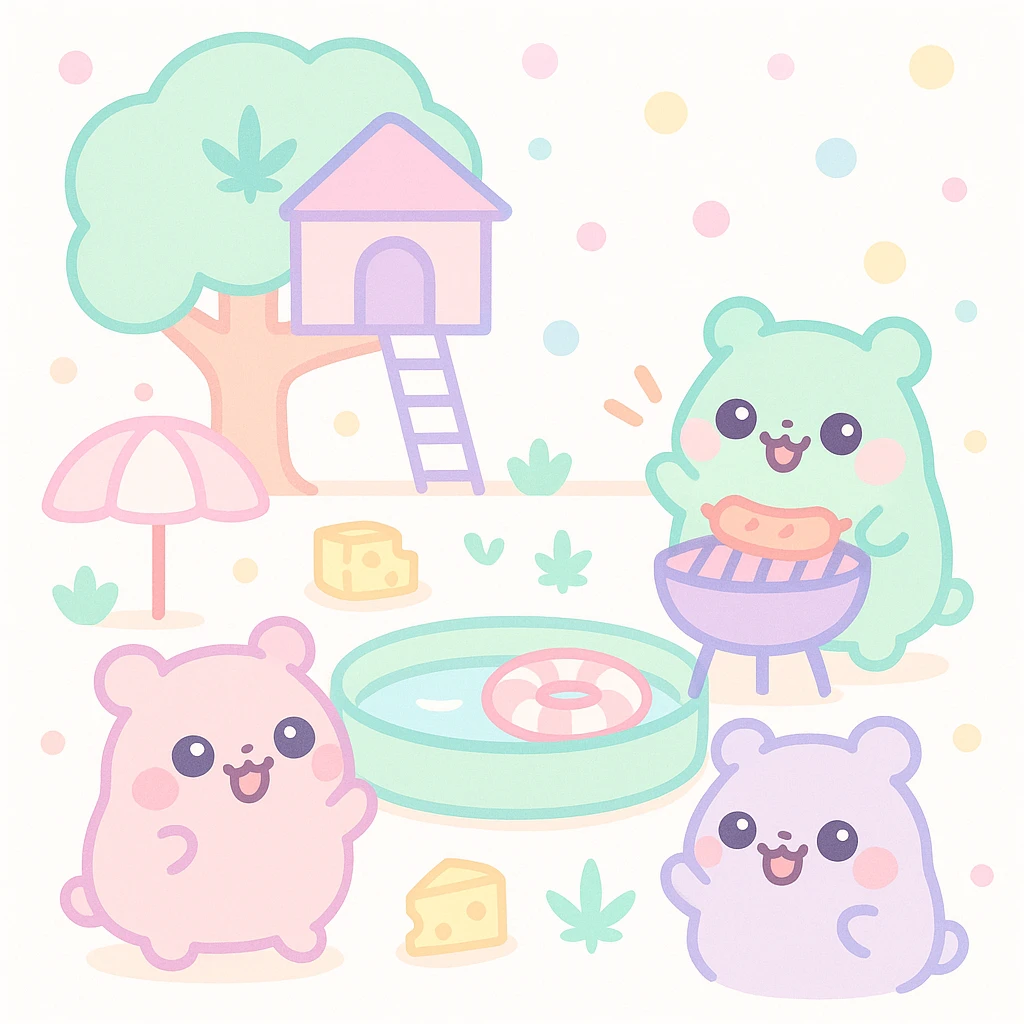 Discord server icon, square format, summer pool cookout with up to 3 kawaii hamsters laughing and having a good time, weed leaves, cheese, THC theme, no disco ball, no Discord logo, near a treehouse, possibly in space, soft colorful palette, nostalgic, fun, inviting, summer party vibe, clear composition emoji