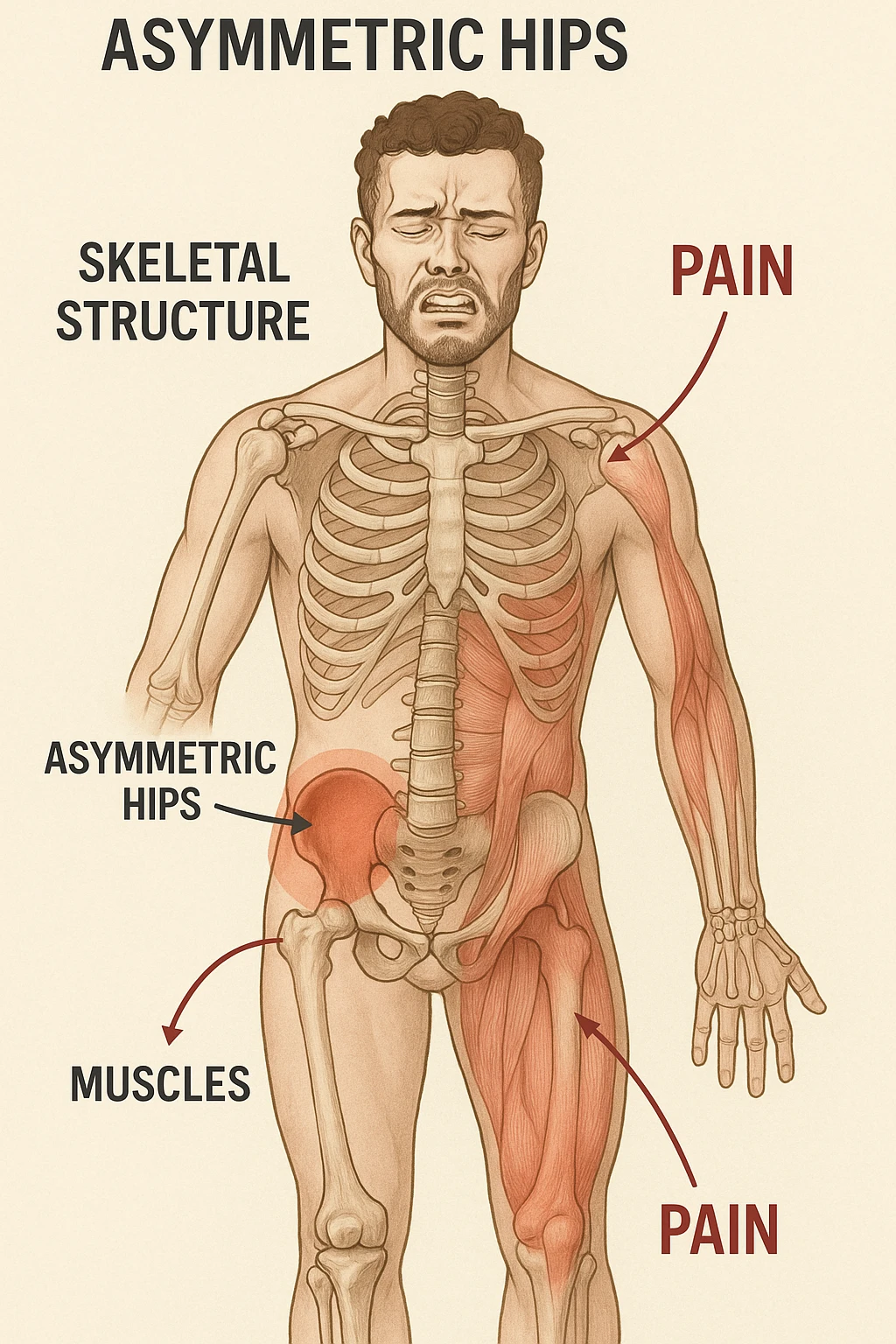 Uomo con dolore per via dei suoi fianchi asimmetrici vista anatomica emoji