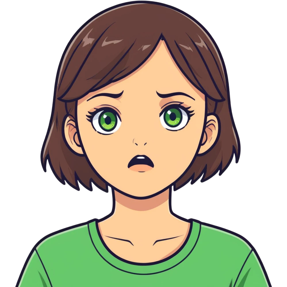 white girl, brunette hair, green eyes shocked  emoji