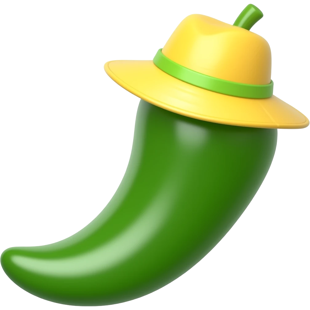 green Chilli Pepper with yellow safari Hat closeup emoji