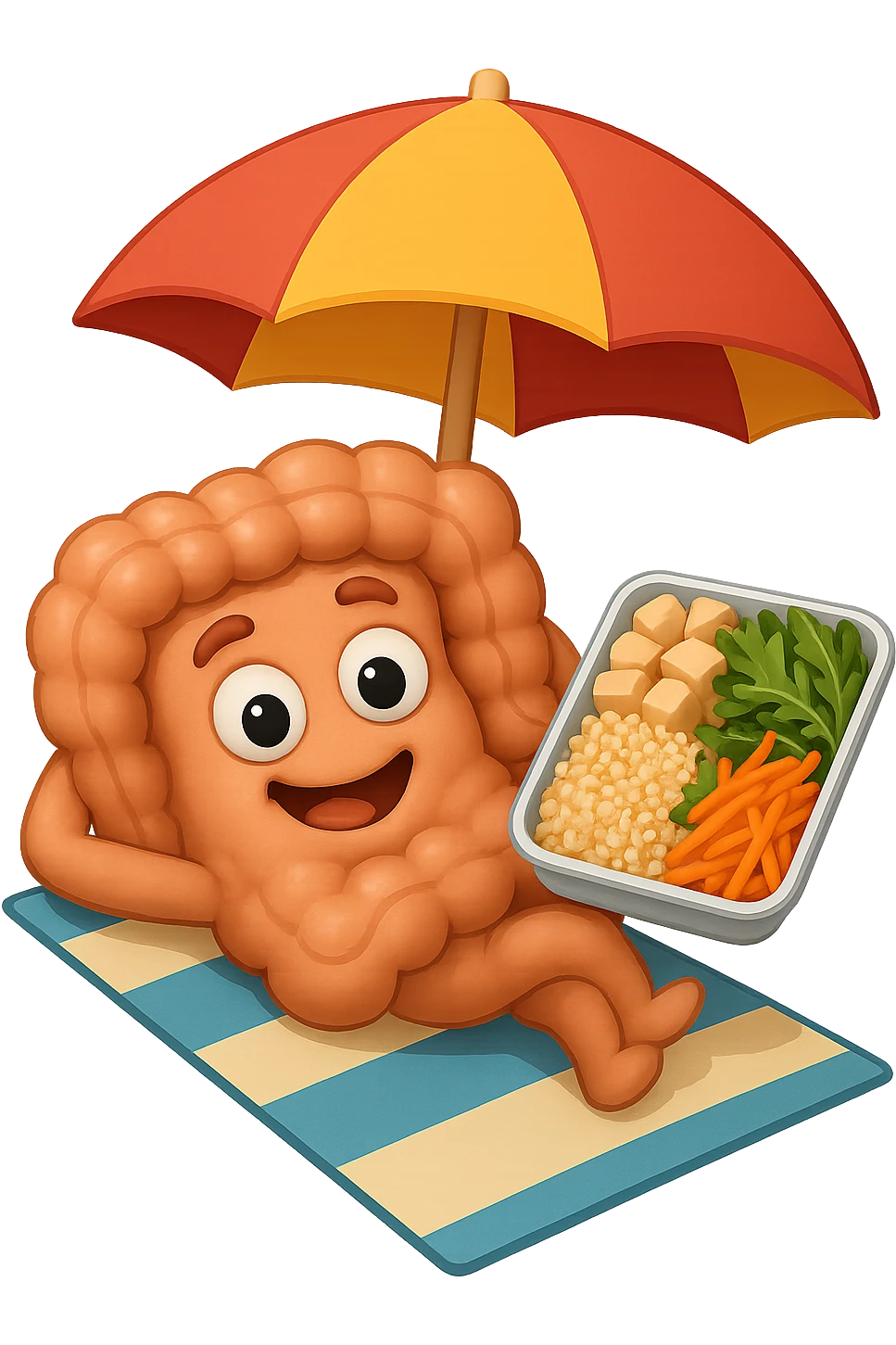 EMOJI STILE IPHONE DI INTESTINO IN SPIAGGIA SU UNA SPIAGGINA SOTTO L'OMBRELLONE CON IN MANO UNA SCHISCETTA DI Insalata di quinoa e pollo con rucola e carote, iperrealistica 4k emoji