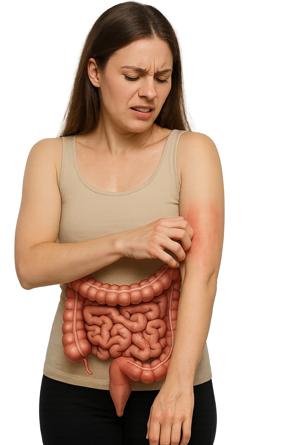 donna con intestino umano anatomico realistico che si gratta il braccio su cui ha un'eritema, iperrealistica 4k emoji
