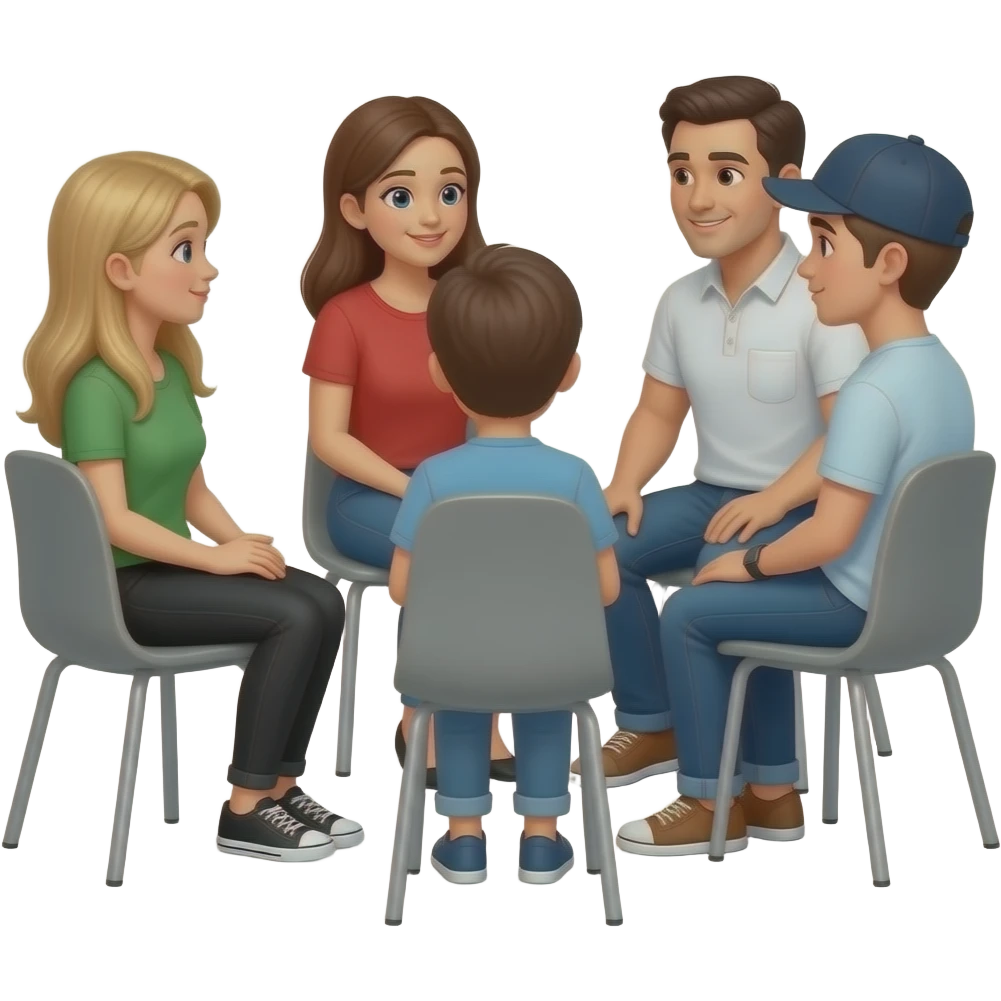 grupo de personas sentado en ronda hablando. mujer joven de tes morena pelo largo rubio con pantalon negro y remera verde,comunicandose con una mama joven de pelo largo castaño  remera roja, un papa morocho de jean y remera blanca y un adolescente con gorra. emoji