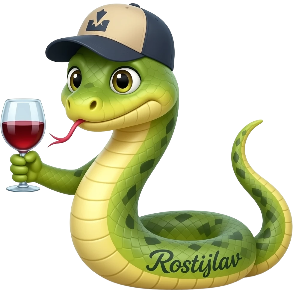 A snake in a cap with the inscription "Rostislav" on its tail holds a glass of wine. emoji