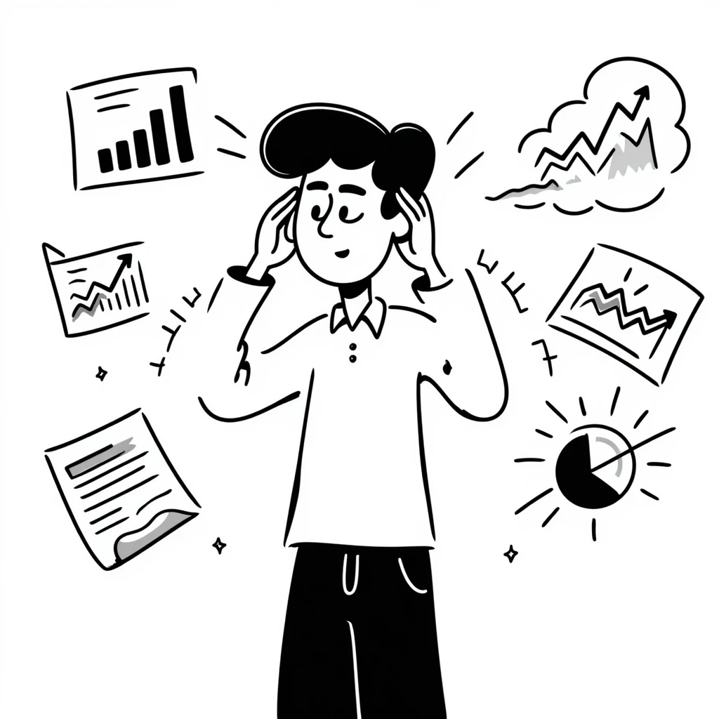 tired marketer rubbing temples surrounded by charts in a hand-drawn doodle style emoji