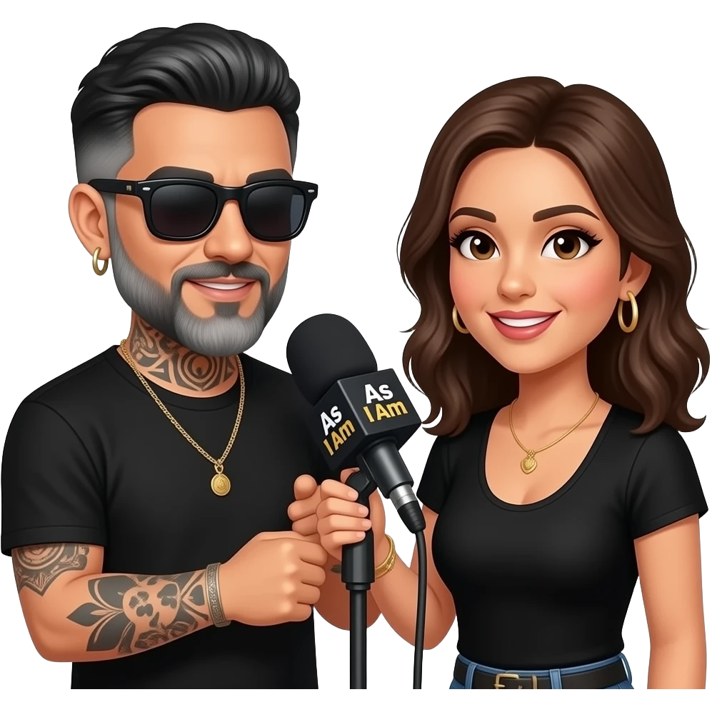A podcast host, a handsome Latino man with medium hair, a graying beard, tattoos, hoops in his nose and ear, all in black with sunglasses, interviews a woman in front of a microphone with a logo reading "As I Am." emoji