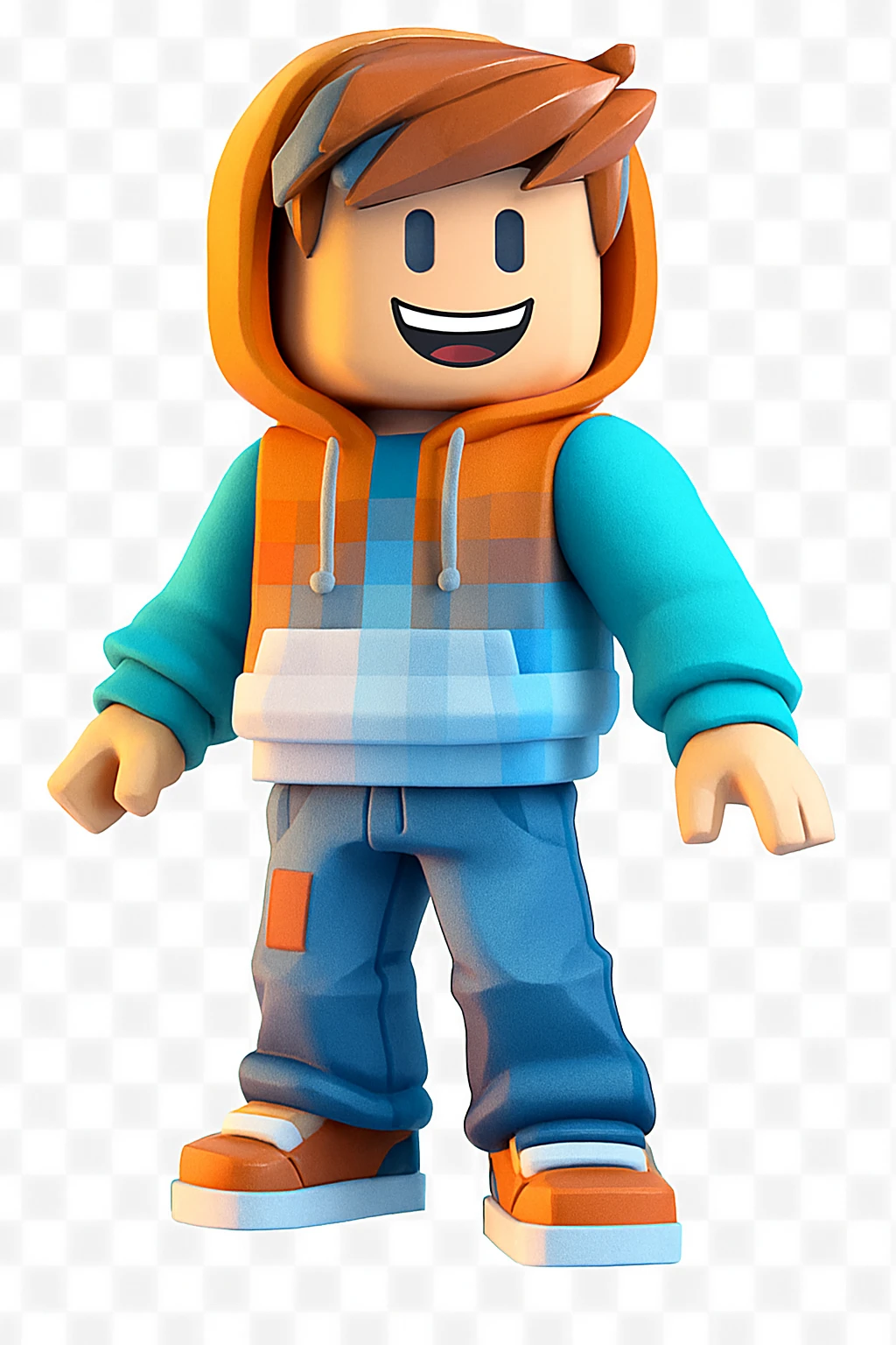 Edit the character in the reference image to have a happy expression, keeping the original Roblox style, outfit, and face color exactly as in the reference image. emoji