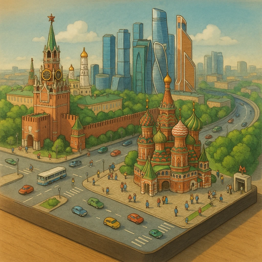 Изометричная миниатюрная 3D модель Москвы на подставке - фотореалистичный Кремль, собор Василия Блаженного, фотореалистичный Башни Москва-Сити, аккуратная детализация, яркие цвета, мультяшный реализм, гуляют люди и современный автотранспорт и метро, компактная композиция, вид сверху в изометрии emoji