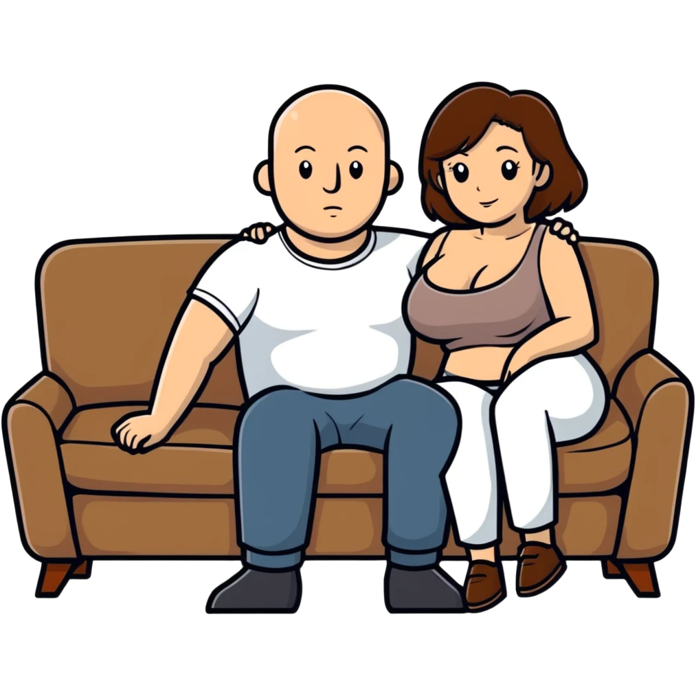 One Caucasian woman with brown hair big boobs wearing pants sitting on a couch with a bald man emoji