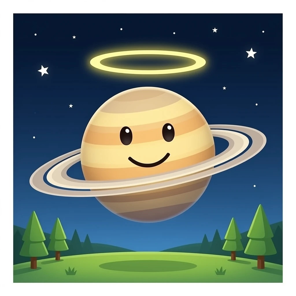Saturn with a halo and happy face emoji