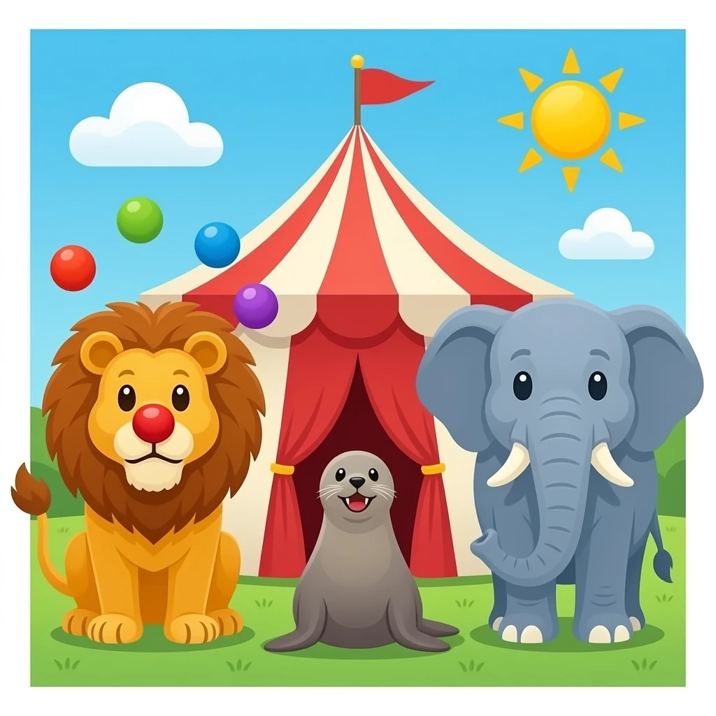 Red nose, lion, seal, elephant, balls (juggling), and big top emoji