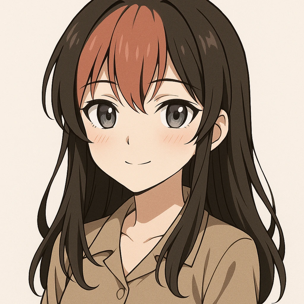 anime character, brunette hair, grey eyes, salmon red bangs, head and shoulders, subtle blush emoji