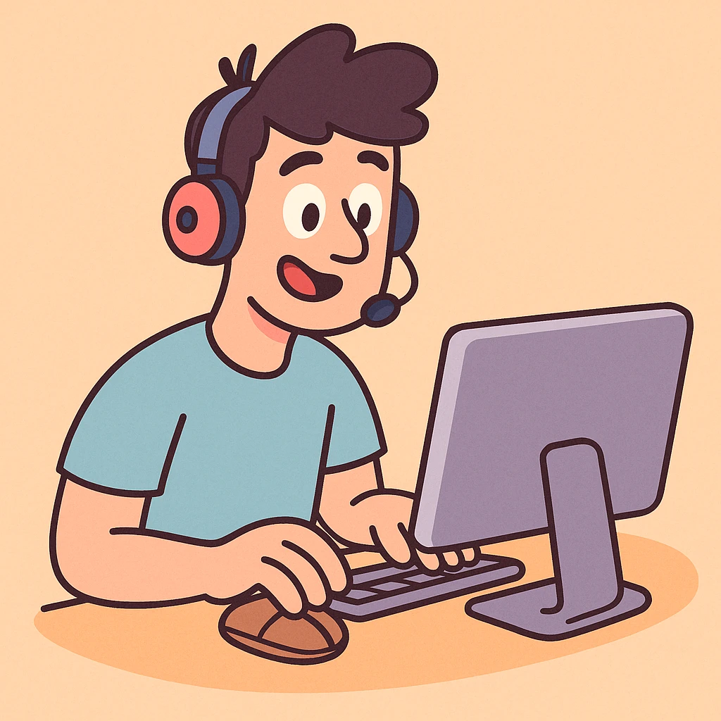 Man with headphones and microphone with computer. Operator emoji