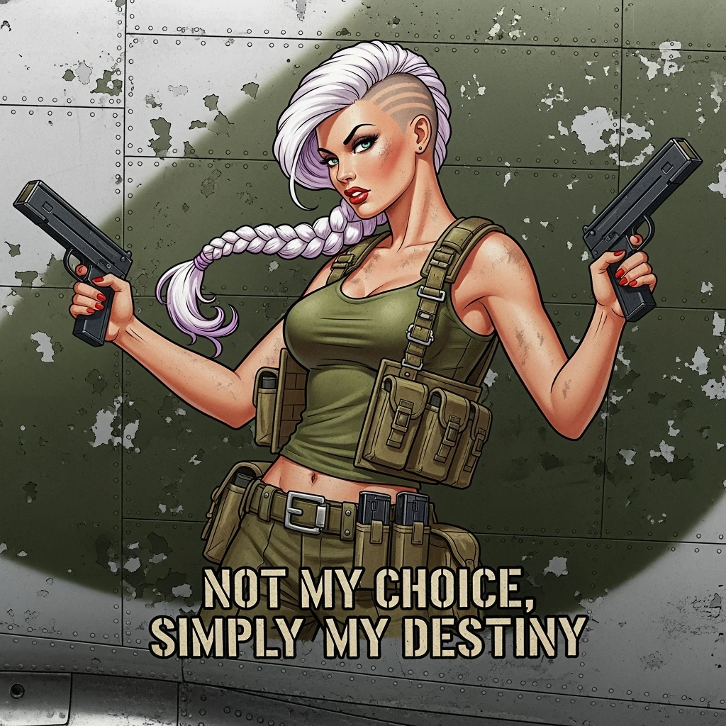 a retro military pinup fuselage decoration for the motto " not my choice, simply my destiny "
the female figure in the pinup image wears a long white braid with lavender tips, shaved sides of her head. She wears a tank-top undershirt and field web vest, executing dual mag tac reload wit one hand emoji