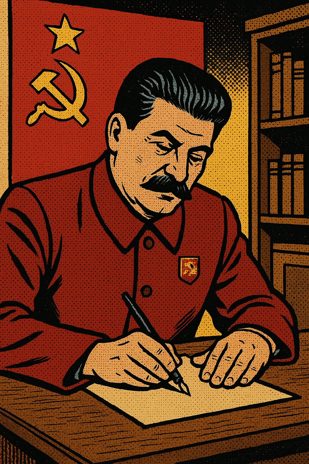 Joseph Stalin wearing a dark red suit with a large communist flag badge sitting down at a desk in his communist office writing a letter.  emoji