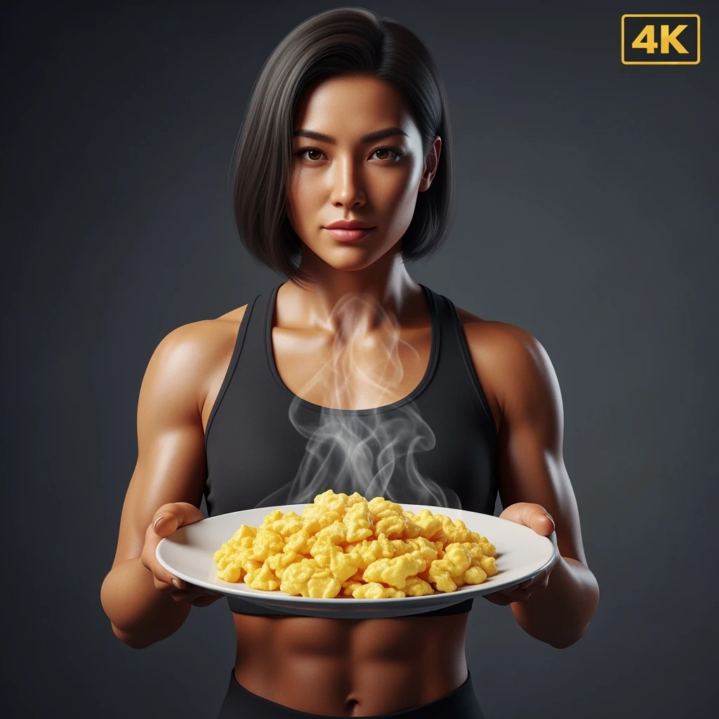 DONNA FITNESS CHE HA IN MANO UN PIATTO DI UOVA STRAPAZZATE, IPERREALISTICA 4K, SENZA SFONDO emoji