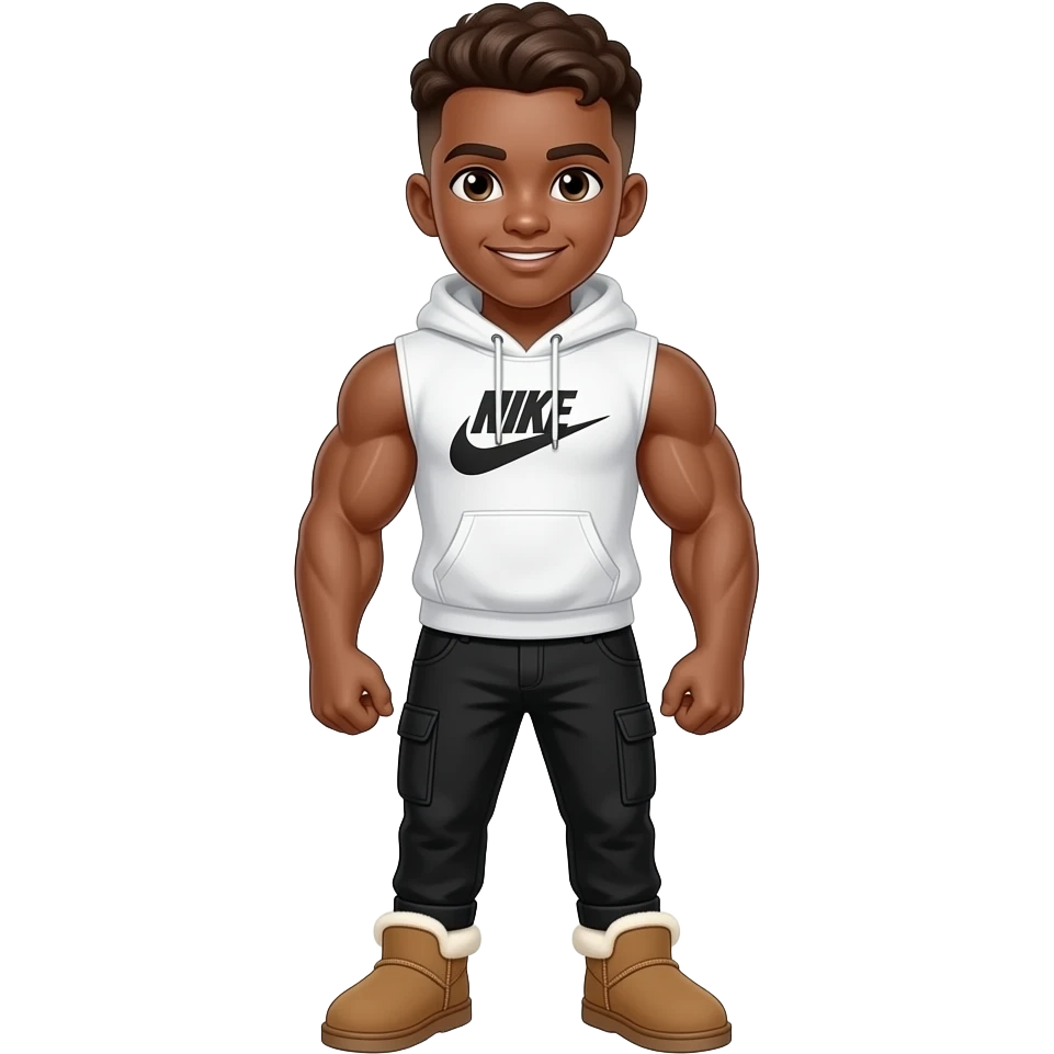 make a super hot brown skin colored 6th grader with fluffy brown low taper fade wearing a white nike hoodie with big muscles with black essential pants and ugg tasmans on the feet emoji