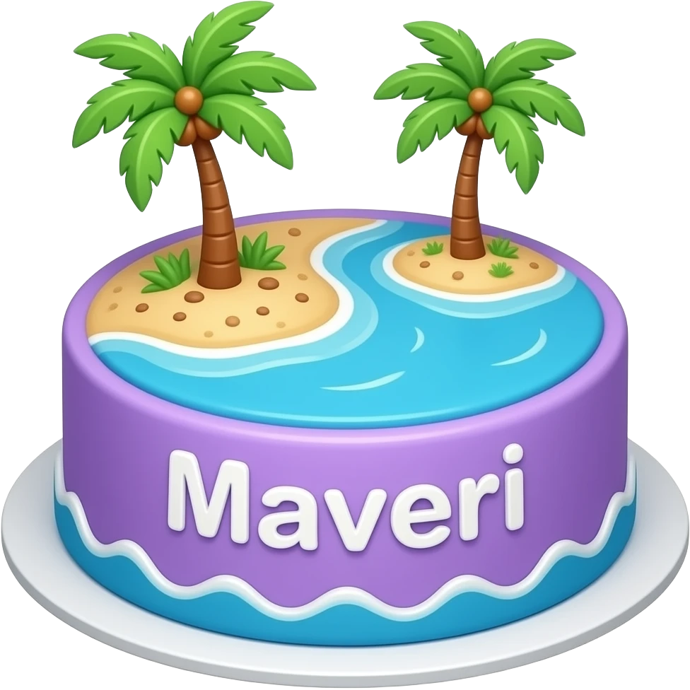 A purple and blue cake with the name Maveri on it and the whole cake is based off a island emoji