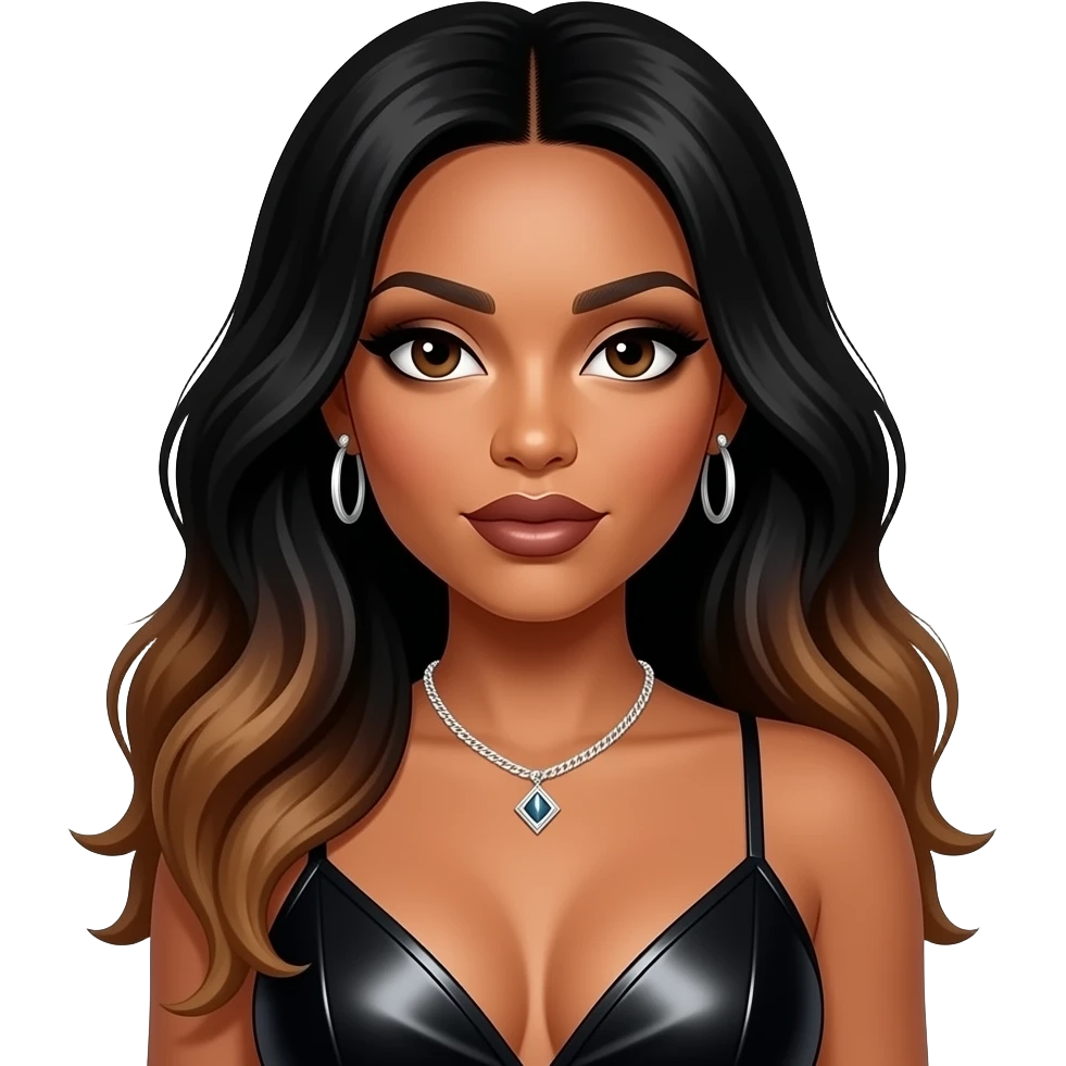 Aaliyah with dark brown eyes, long black hair with brown ombre, dark brown eyeshadow and lipstick, black metallic R&B outfit, necklace and earrings emoji
