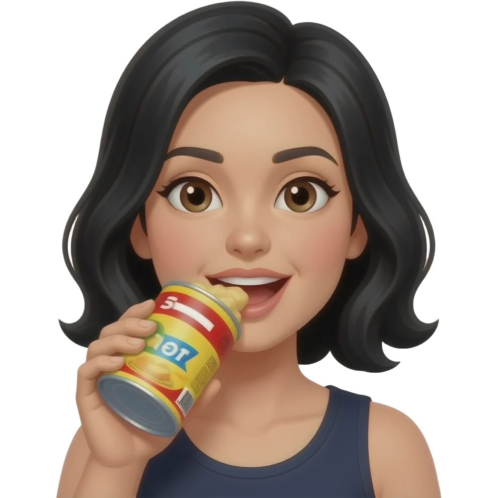 front facing vibrant woman eating large canned food with label closeup black hair emoji