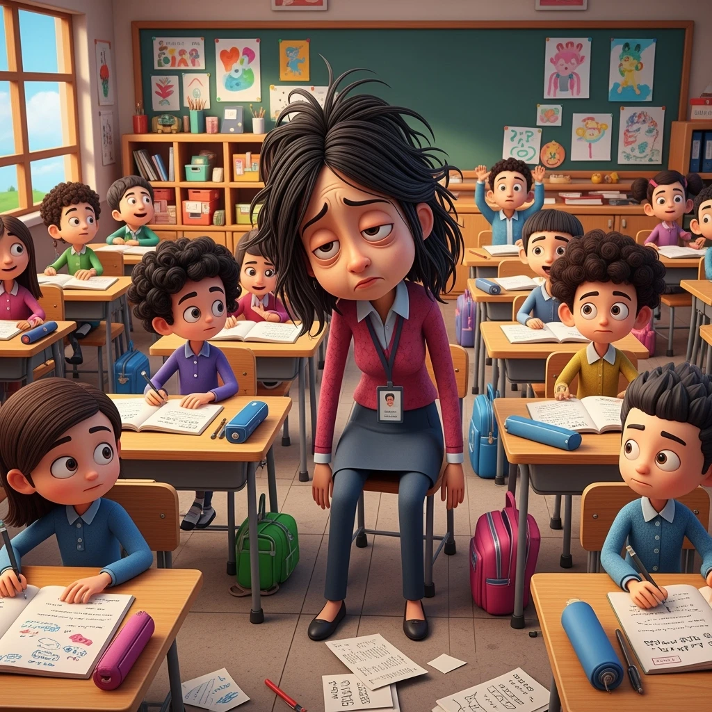 digital 2d cartoon art of a exhausted teacher in a bustling classroom emoji