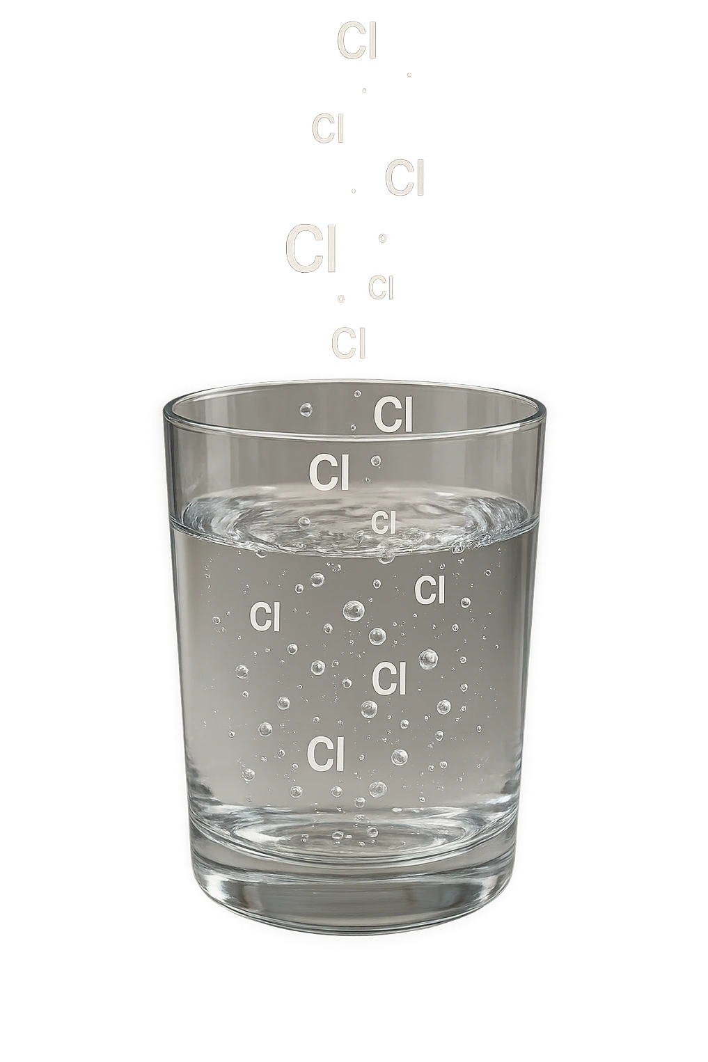 un bicchiere di acqua fluttua in aria realistico e dettagliato, dentro l'acqua del bicchiere ci sono particelle di cloro ben visibili con la scritta "Cl" sopra, ci sono particelle anche che escono dal bicchiere e fluttuano in aria verticalmente, mentre alcune sono all'interno dell'acqua nel bicchiere, iperrealistico 4k emoji